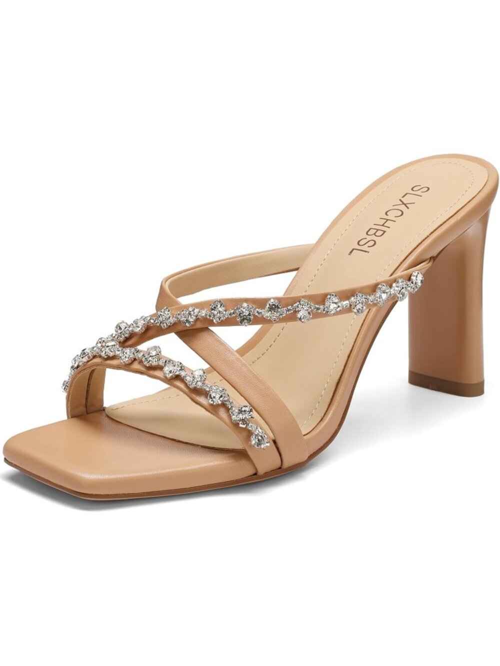 Women's Nude Slip On Chunky Heels Square Open Toe Heeled Sandals 3.2 Inch Heels